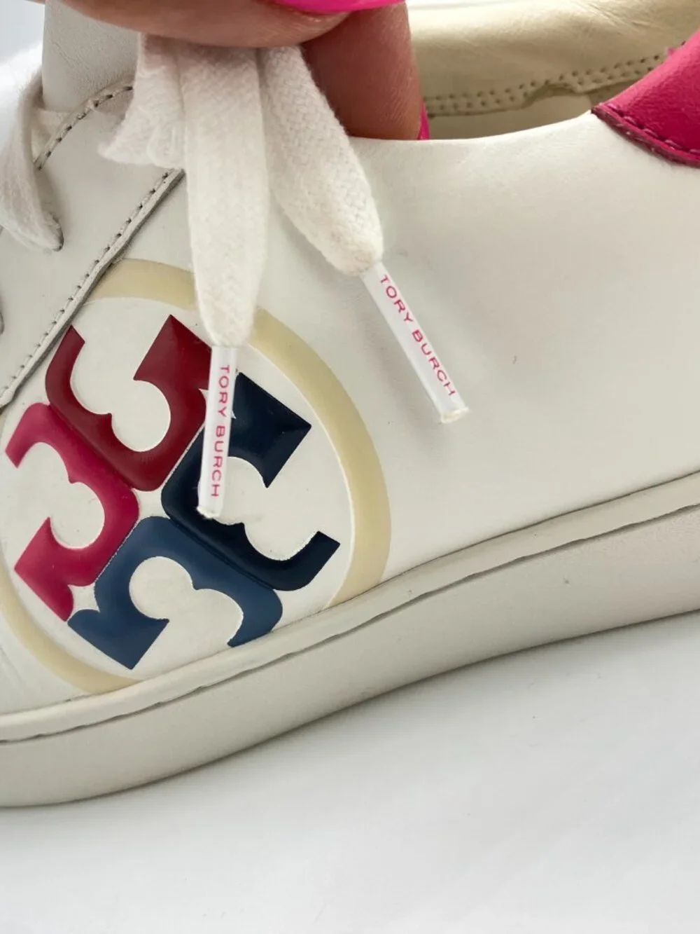 Tory Burch Howell Court Leather Sneakers White Pink Logo Size 10